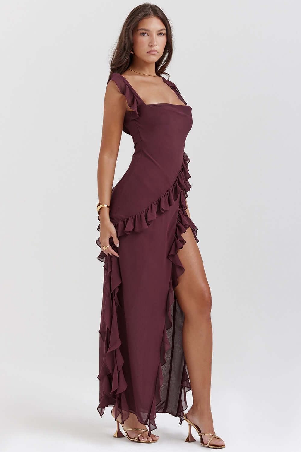 Amara | Maxikleid Rüschen V-Ausschnitt Schlitz fließend