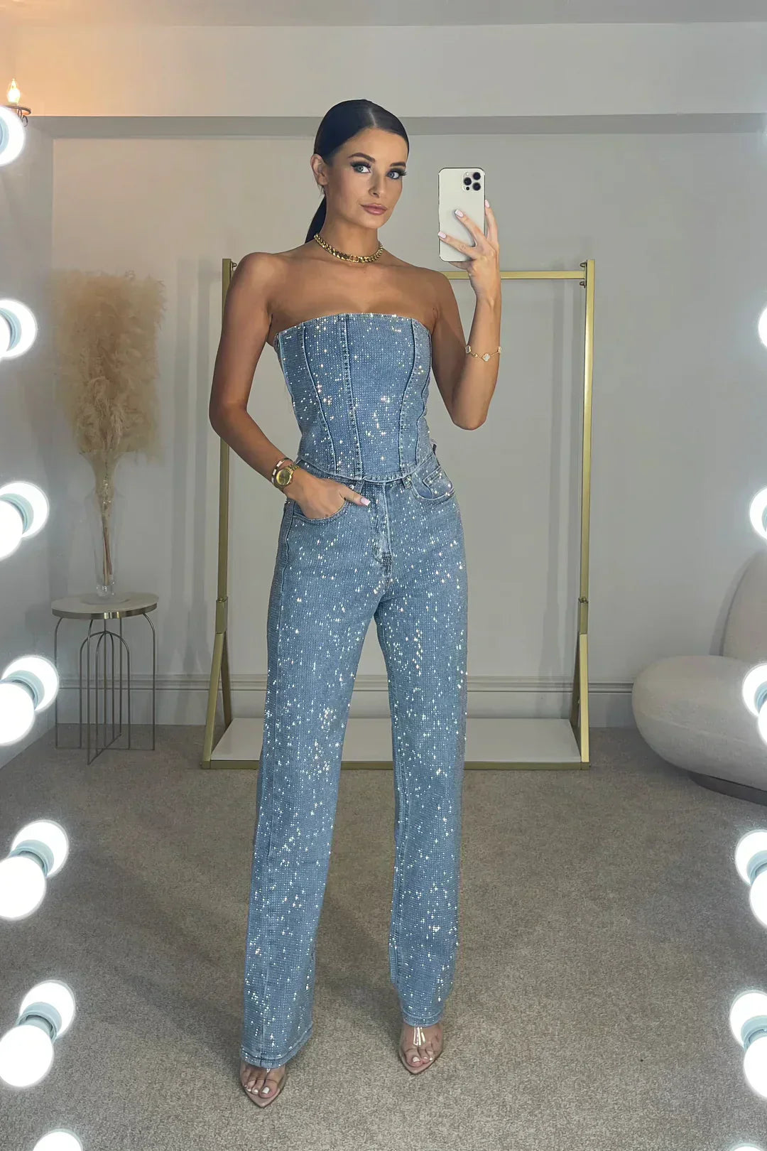 Zerina | Jumpsuit trägerlos Denim weit Bein figurbetont
