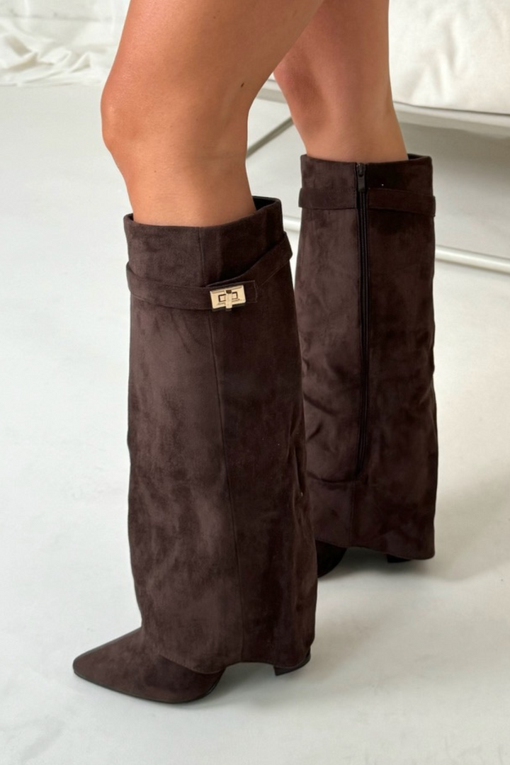 Ilka | Hohe Stiefel Blockabsatz Wildleder Klappe