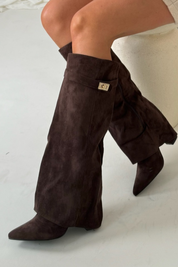 Ilka | Hohe Stiefel Blockabsatz Wildleder Klappe