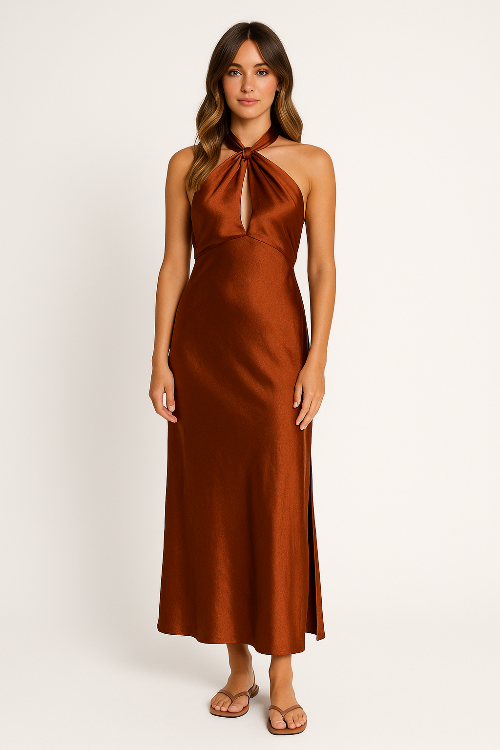 Lysandra | Maxikleid Satin Halter Schlitz rückenfrei