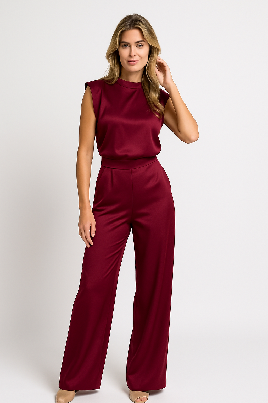 Vera | Jumpsuit Satin Ärmellos Weite Beine Rückenausschnitt