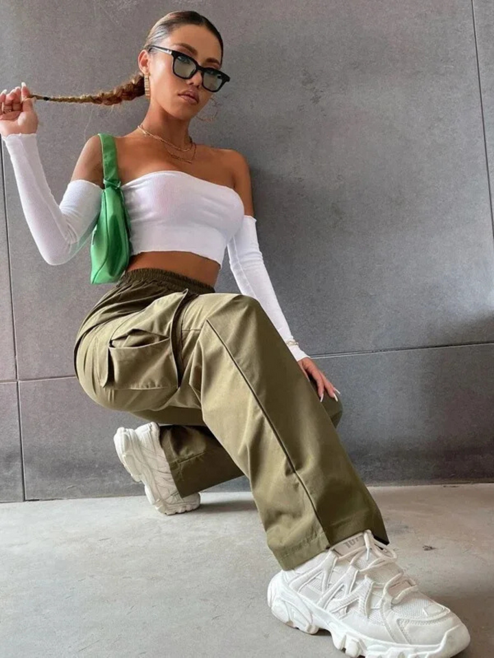 Elva | Cargo Weithose High Waist Elastikbund Baumwolle