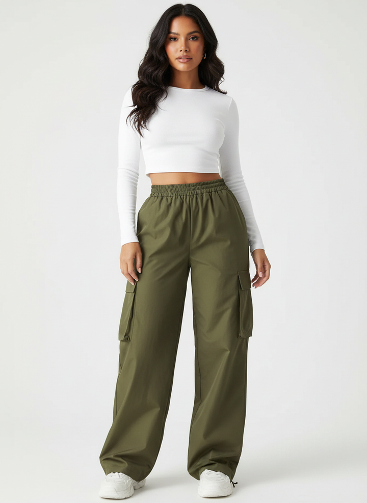 Elva | Cargo Weithose High Waist Elastikbund Baumwolle