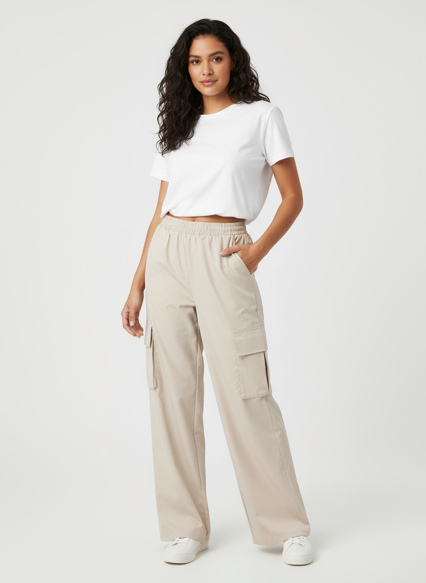 Elva | Cargo Weithose High Waist Elastikbund Baumwolle