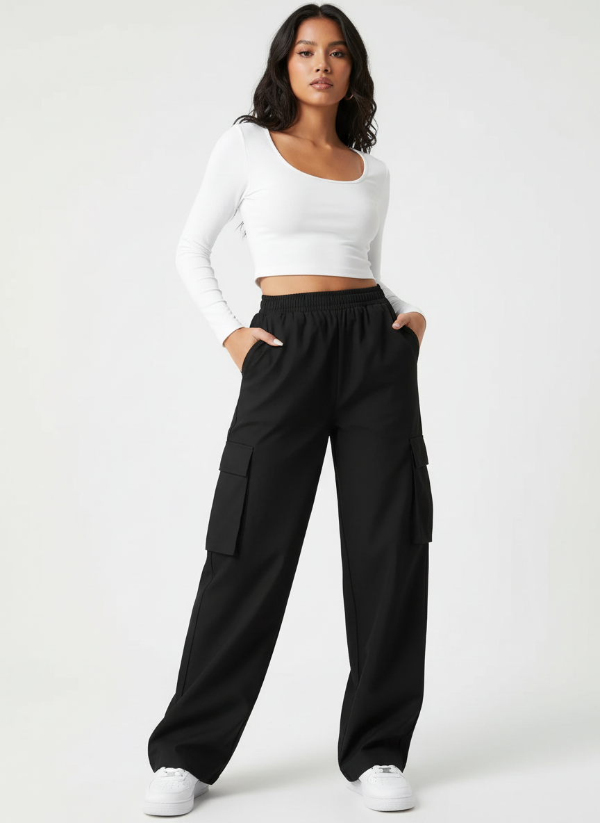 Elva | Cargo Weithose High Waist Elastikbund Baumwolle