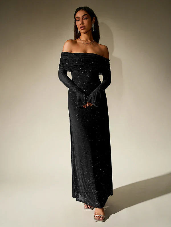 Selma | Abendkleid Schulterfrei Glitzer Transparente Ärmel