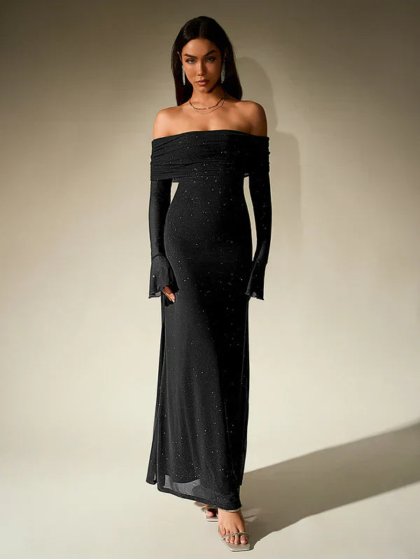 Selma | Abendkleid Schulterfrei Glitzer Transparente Ärmel