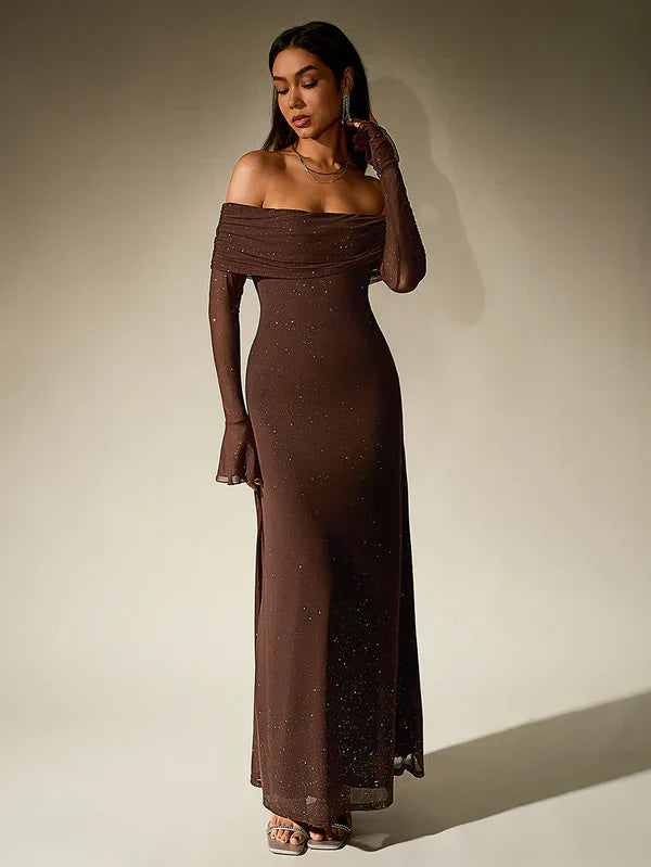 Selma | Abendkleid Schulterfrei Glitzer Transparente Ärmel