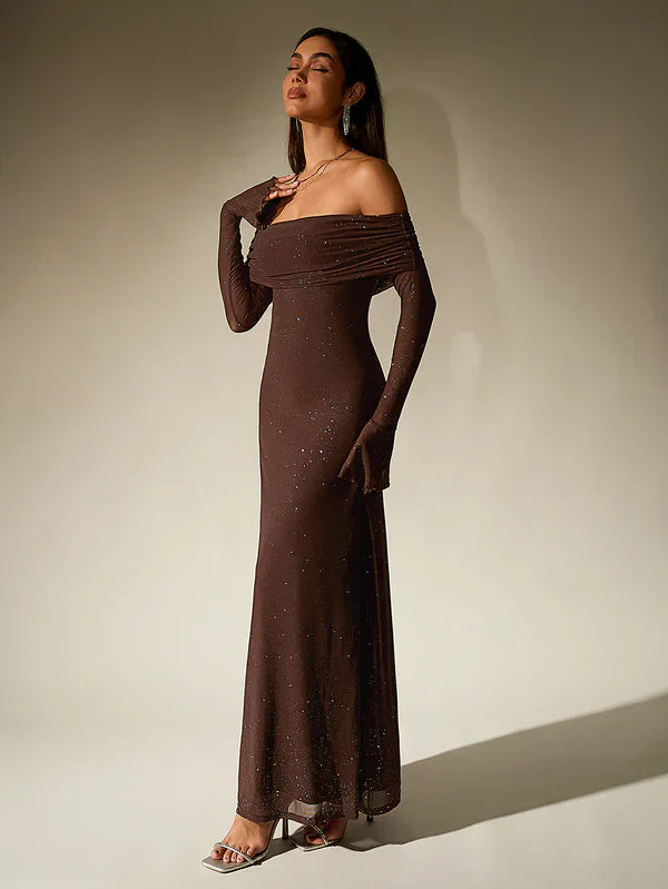 Selma | Abendkleid Schulterfrei Glitzer Transparente Ärmel