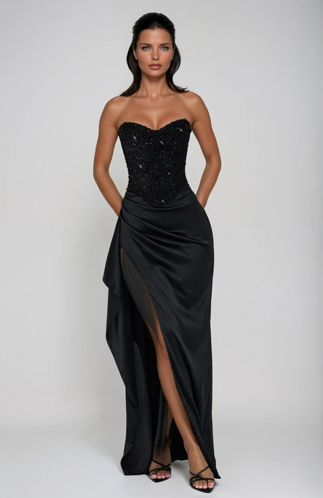 Dagny | Abendkleid Maxikleid Korsett Perlen Schlitz Satin