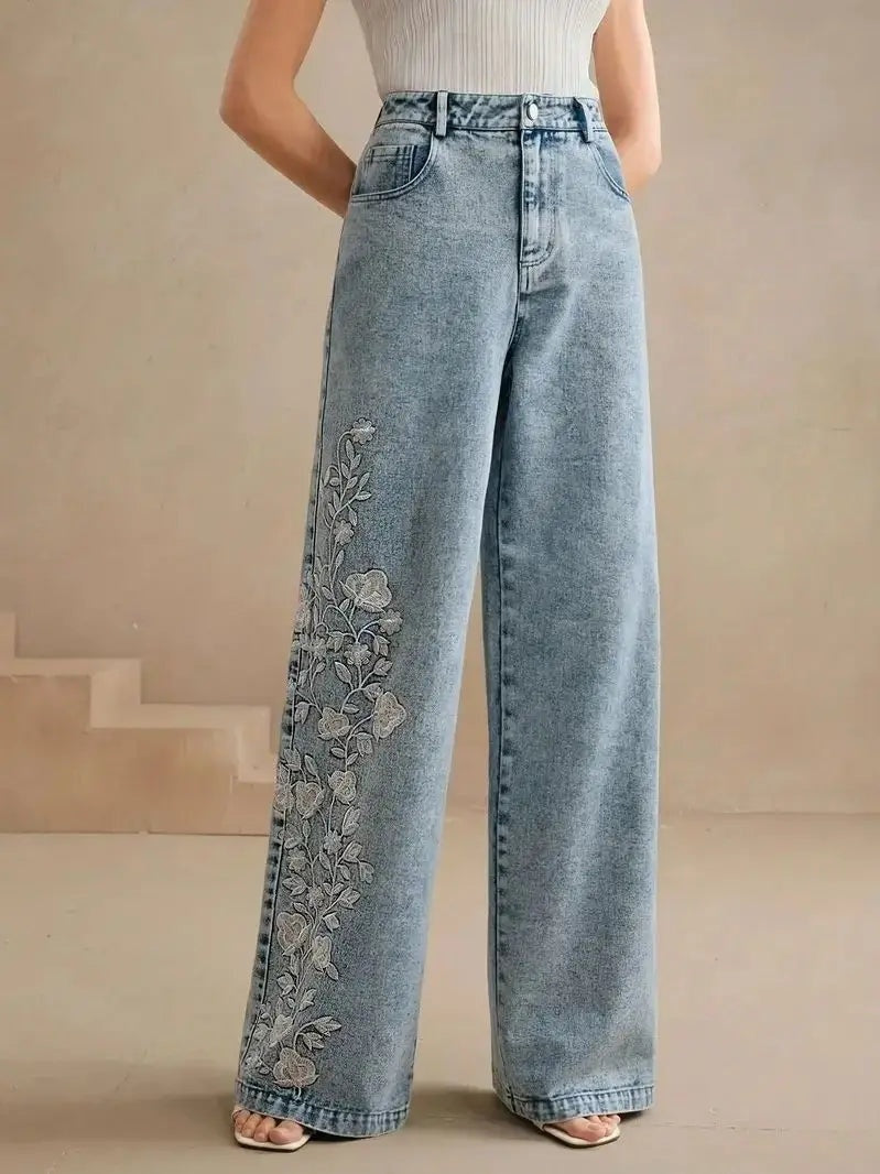Liesel | Wide Leg Jeans Blumenstickerei Flatterhaft
