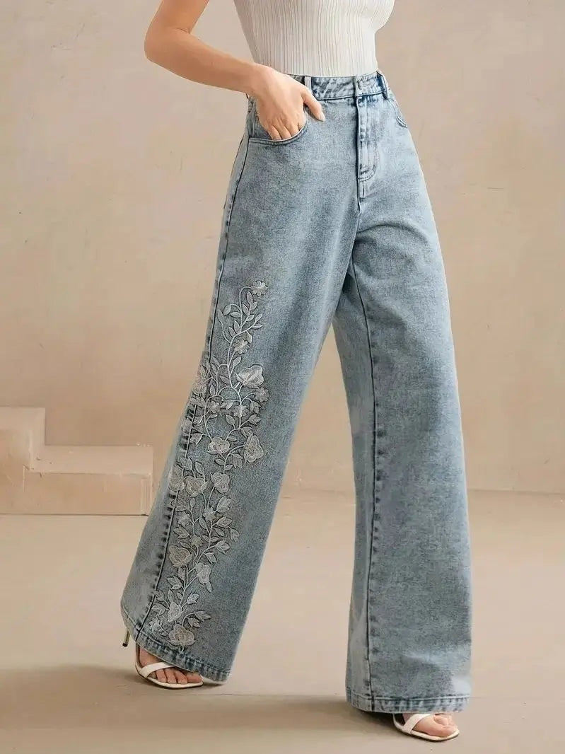 Liesel | Wide Leg Jeans Blumenstickerei Flatterhaft