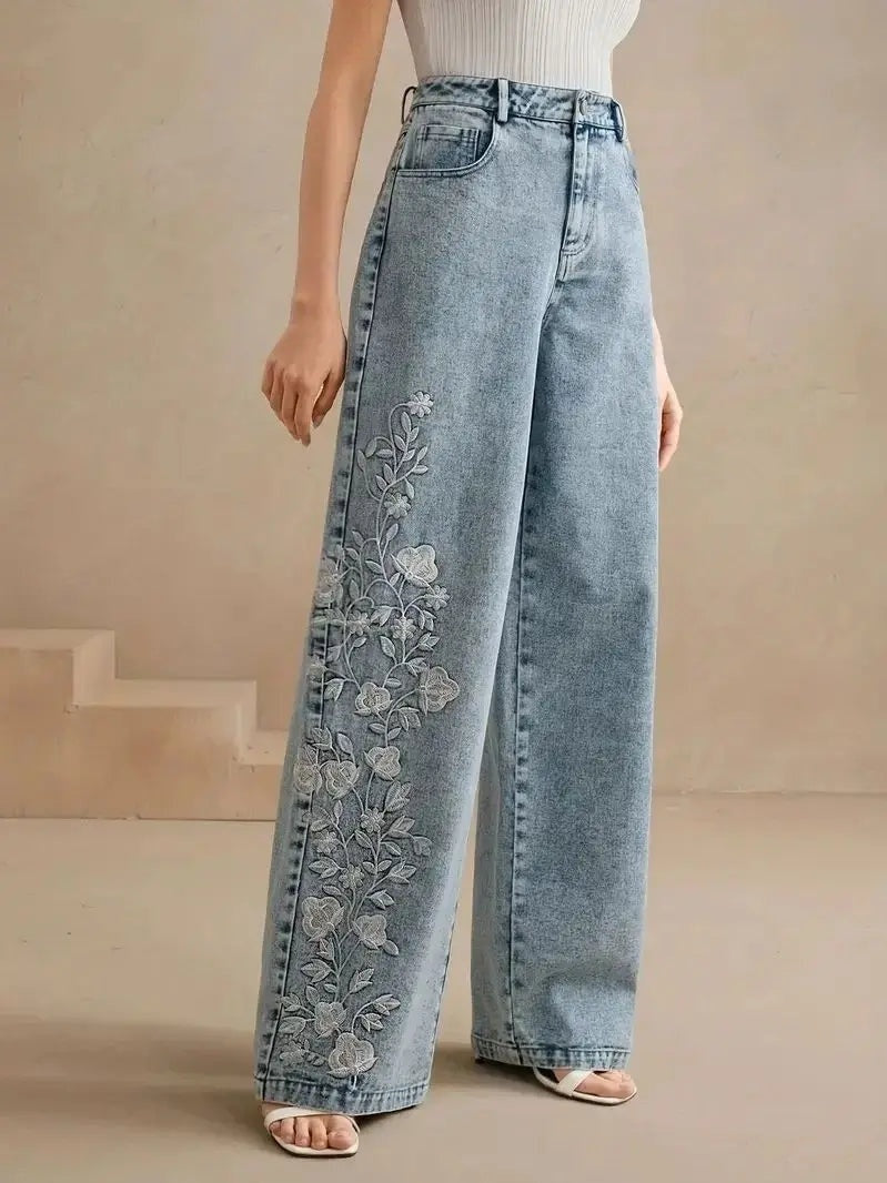 Liesel | Wide Leg Jeans Blumenstickerei Flatterhaft