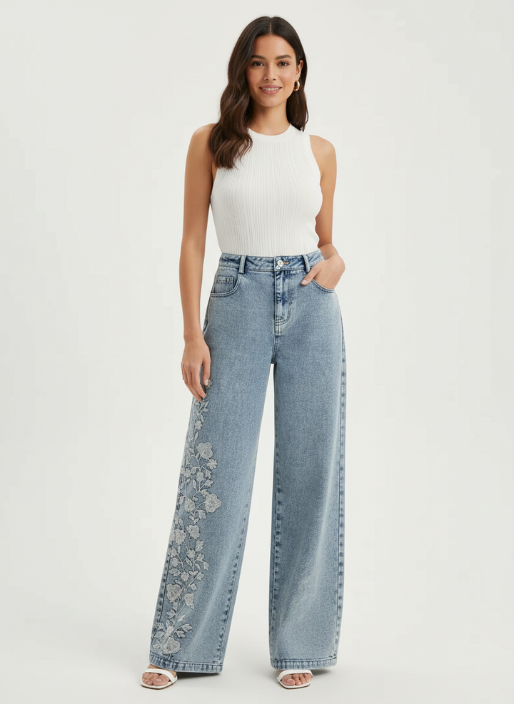 Liesel | Wide Leg Jeans Blumenstickerei Flatterhaft