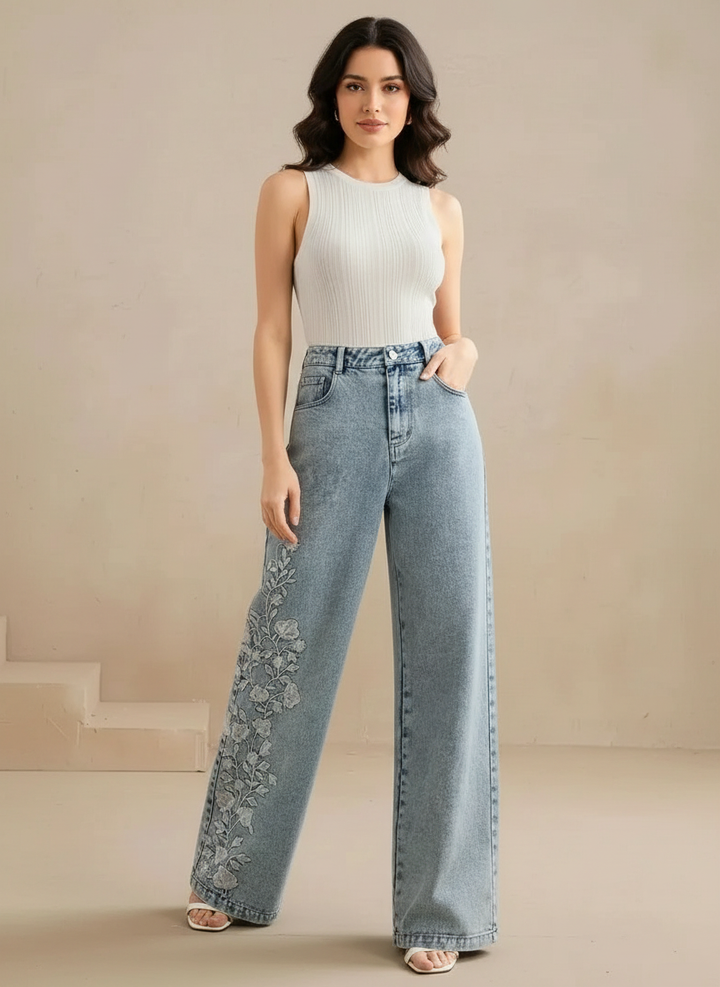 Liesel | Wide Leg Jeans Blumenstickerei Flatterhaft