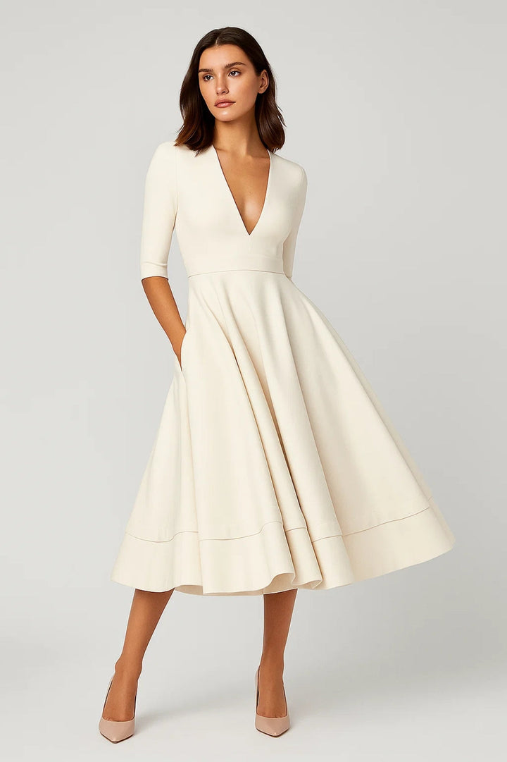 Ingrid | Midi Wickelkleid V-Ausschnitt Dreiviertelmärmel Fließend