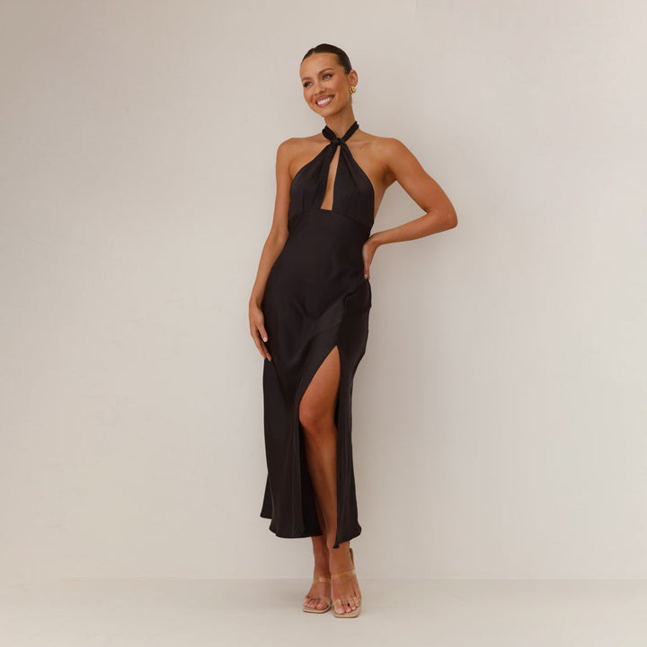 Lysandra | Maxikleid Satin Halter Schlitz rückenfrei