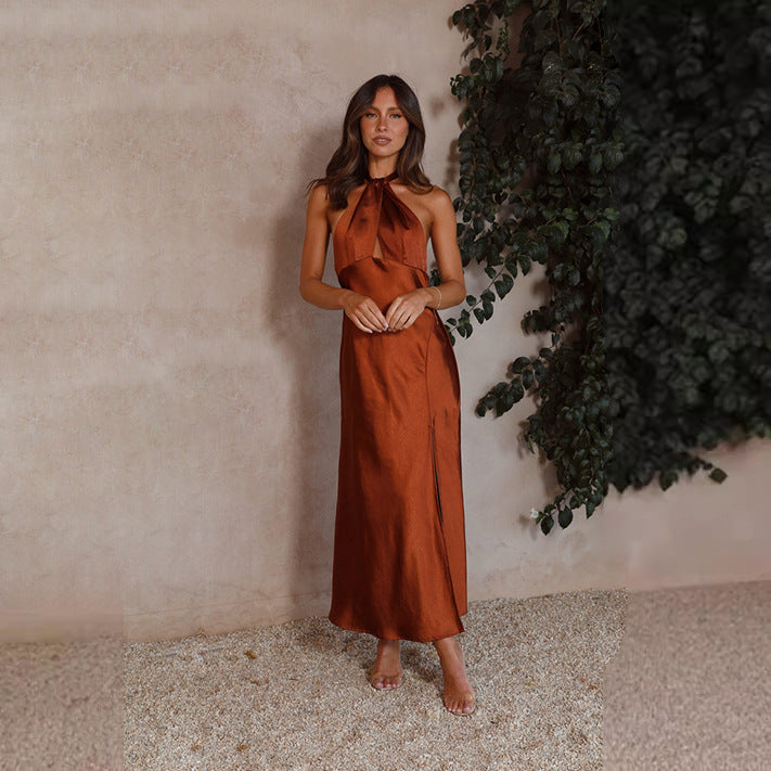 Lysandra | Maxikleid Satin Halter Schlitz rückenfrei