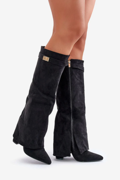 Ilka | Hohe Stiefel Blockabsatz Wildleder Klappe