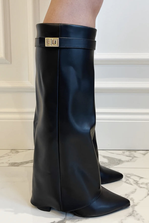Ilka | Hohe Stiefel Blockabsatz Wildleder Klappe