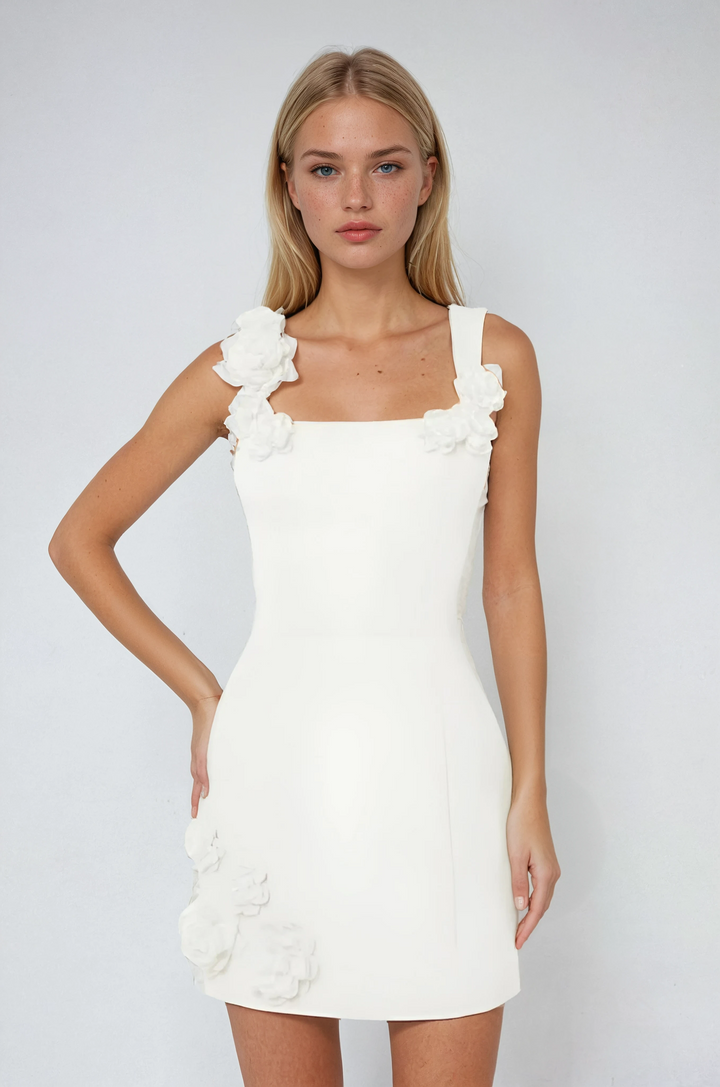 Eliza | Minikleid 3D Blumenapplikation Träger Strukturiert