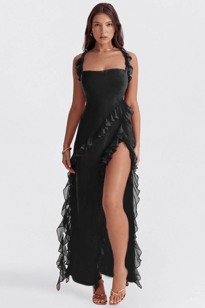 Amara | Maxikleid Rüschen V-Ausschnitt Schlitz fließend