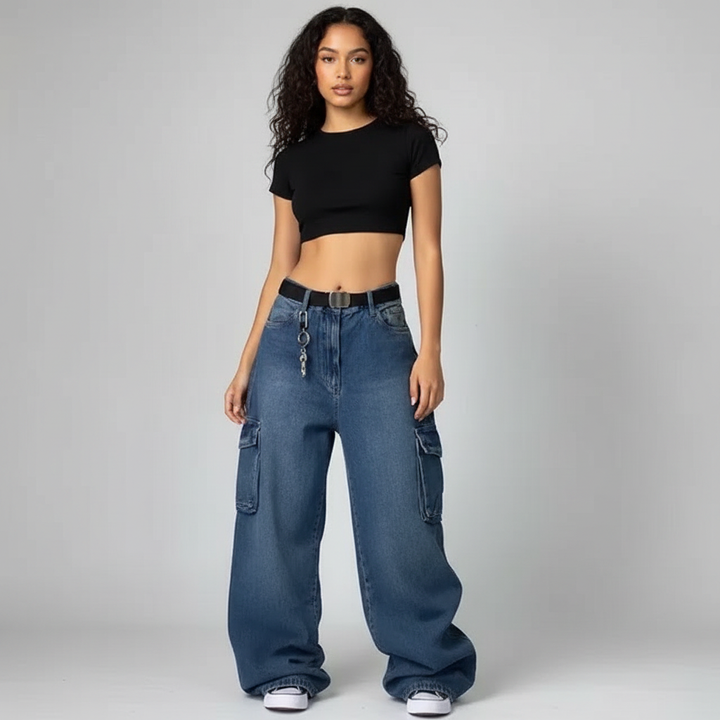 Wilda | Wide Leg Cargo Jeans High Waist Seitentaschen
