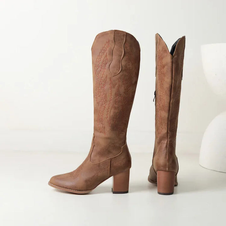 Edeltraud | Cowboy Stiefel Kniehoch Stickerei Kunstleder Blockabsatz