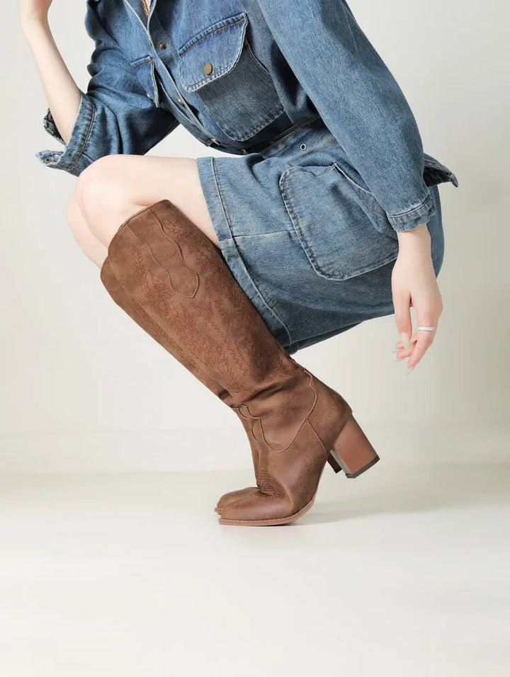Edeltraud | Cowboy Stiefel Kniehoch Stickerei Kunstleder Blockabsatz