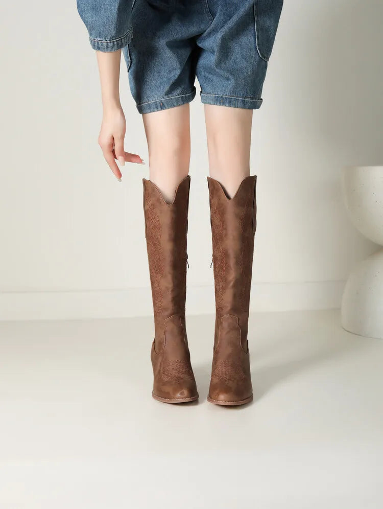 Edeltraud | Cowboy Stiefel Kniehoch Stickerei Kunstleder Blockabsatz