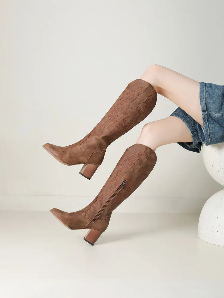 Edeltraud | Cowboy Stiefel Kniehoch Stickerei Kunstleder Blockabsatz