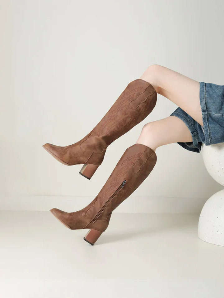 Edeltraud | Cowboy Stiefel Kniehoch Stickerei Kunstleder Blockabsatz