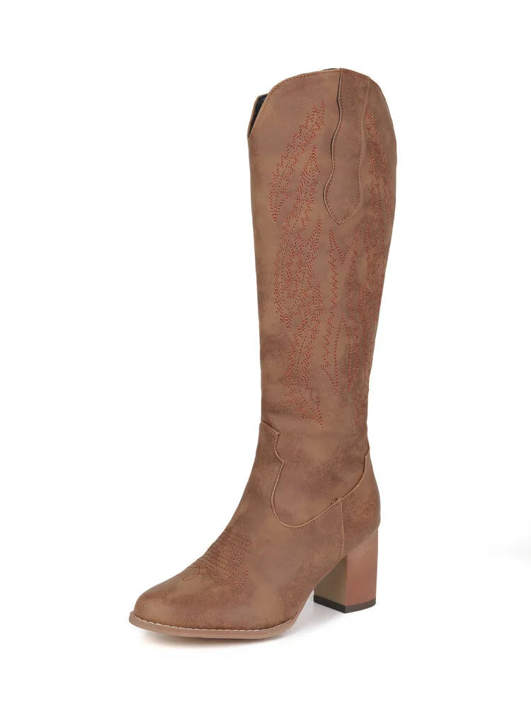 Edeltraud | Cowboy Stiefel Kniehoch Stickerei Kunstleder Blockabsatz