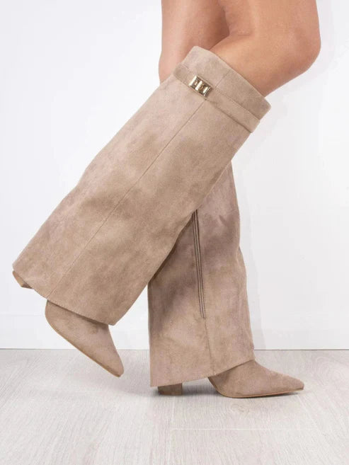 Ilka | Hohe Stiefel Blockabsatz Wildleder Klappe