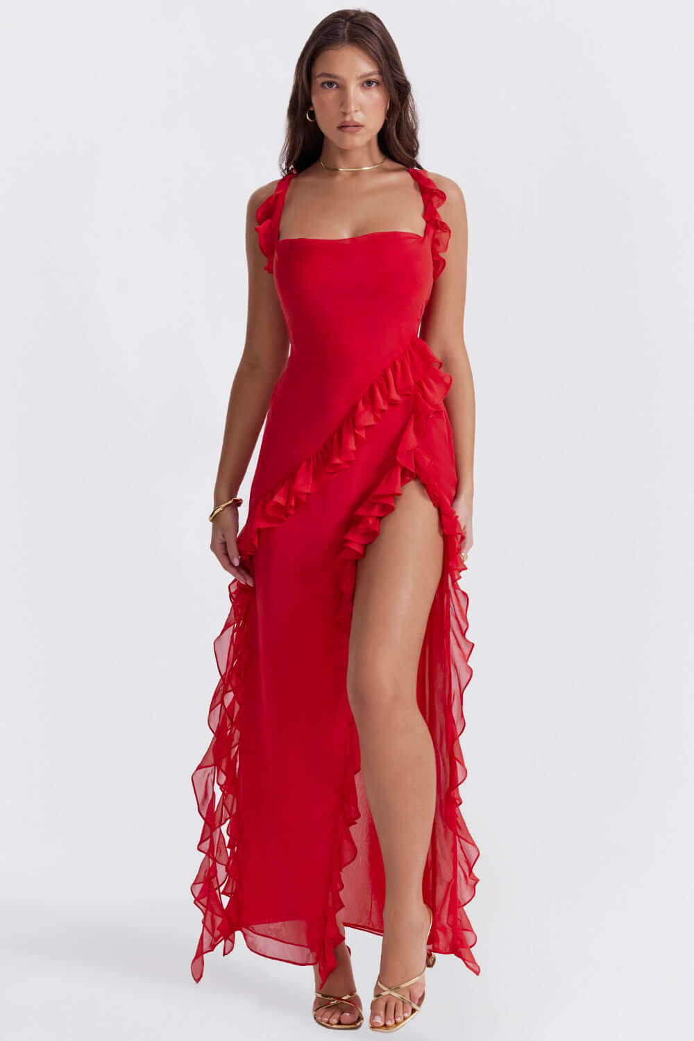 Amara | Maxikleid Rüschen V-Ausschnitt Schlitz fließend