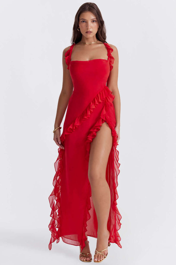 Amara | Maxikleid Rüschen V-Ausschnitt Schlitz fließend
