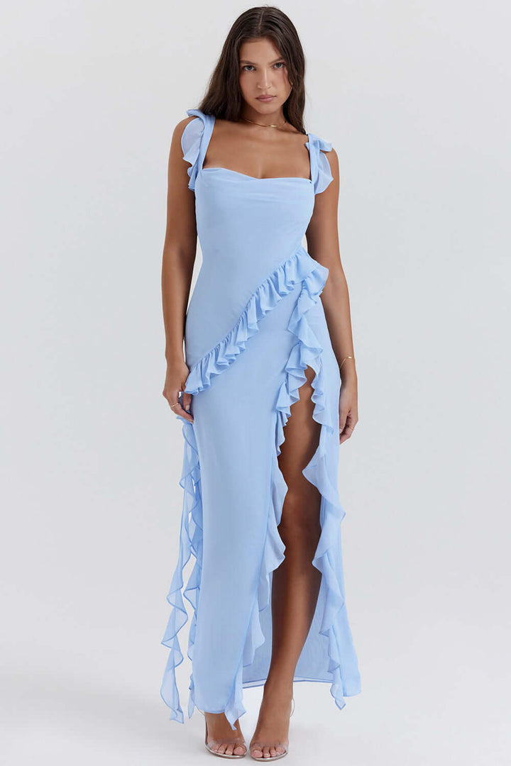 Amara | Maxikleid Rüschen V-Ausschnitt Schlitz fließend