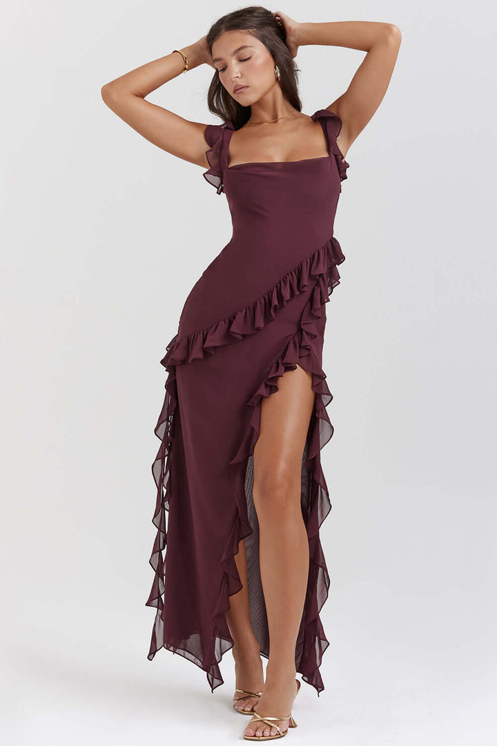 Amara | Maxikleid Rüschen V-Ausschnitt Schlitz fließend