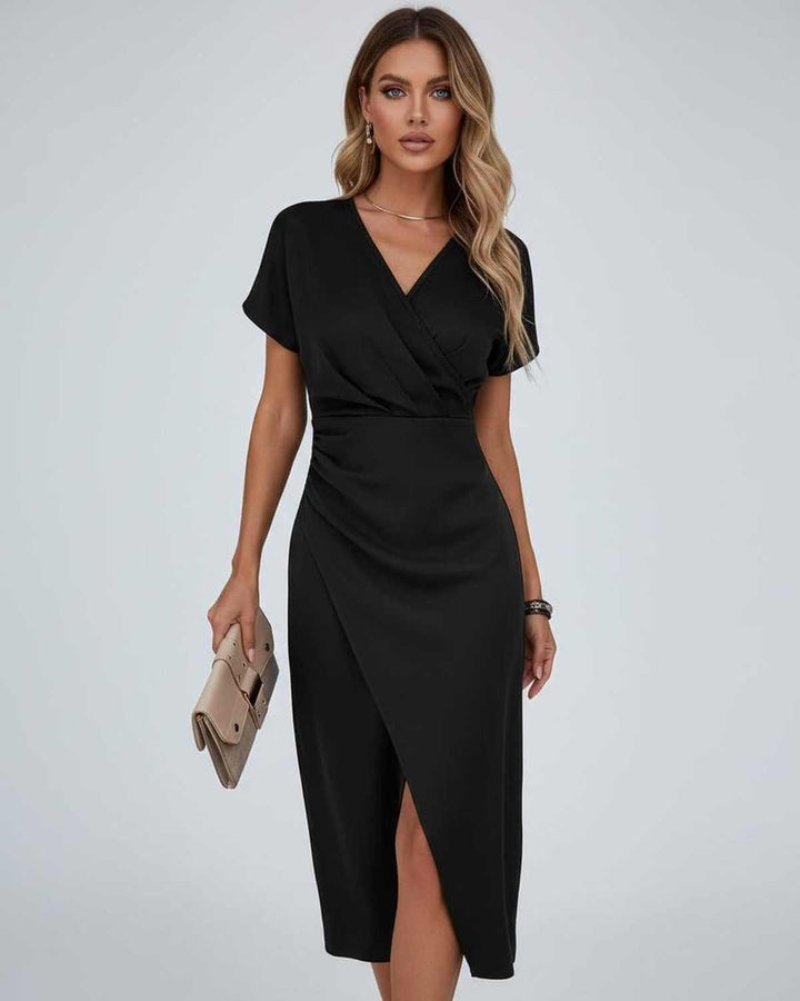 Petra | Midikleid Wickeloptik V-Ausschnitt Kurzarm Schlitz
