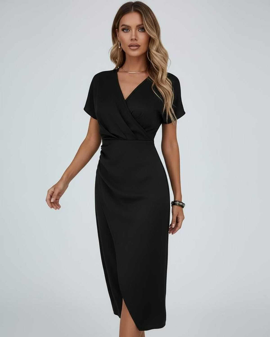 Petra | Midikleid Wickeloptik V-Ausschnitt Kurzarm Schlitz
