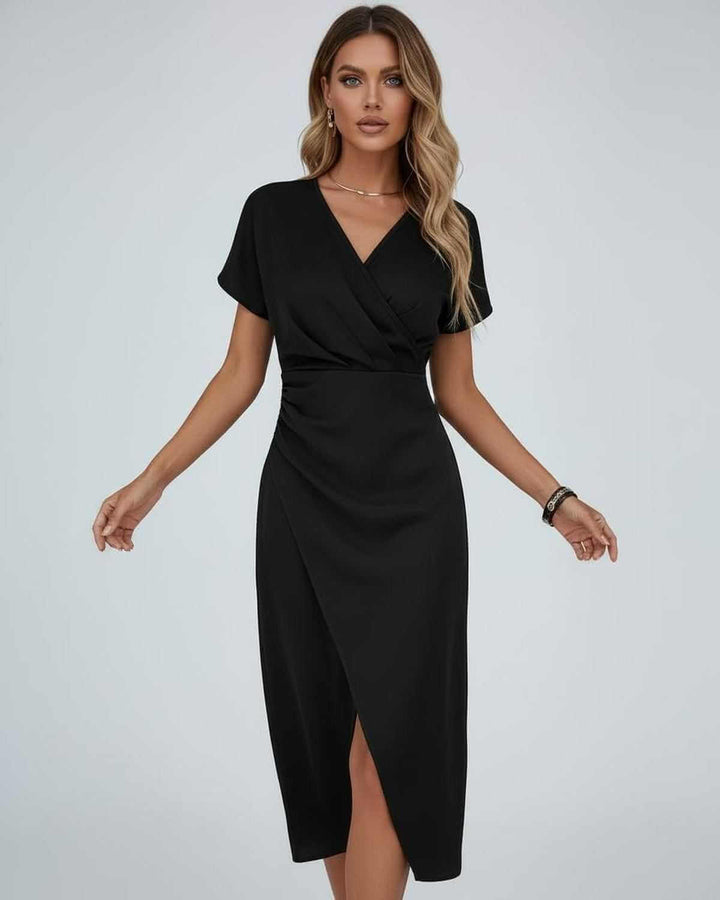 Petra | Midikleid Wickeloptik V-Ausschnitt Kurzarm Schlitz
