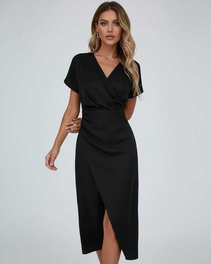 Petra | Midikleid Wickeloptik V-Ausschnitt Kurzarm Schlitz