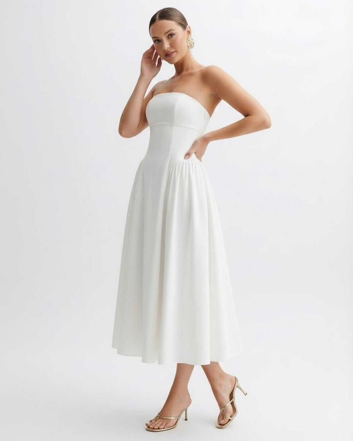 Anna | Midikleid Trägerlos Plissiert Rückenausschnitt