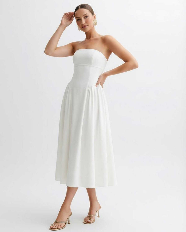 Anna | Midikleid Trägerlos Plissiert Rückenausschnitt
