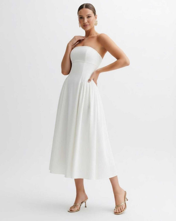 Anna | Midikleid Trägerlos Plissiert Rückenausschnitt