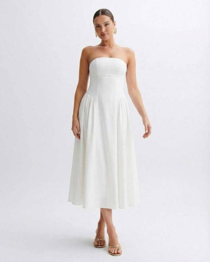 Anna | Midikleid Trägerlos Plissiert Rückenausschnitt
