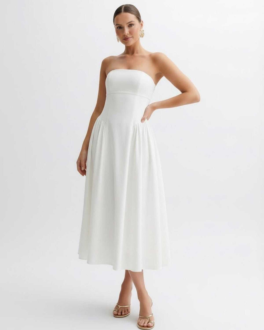 Anna | Midikleid Trägerlos Plissiert Rückenausschnitt