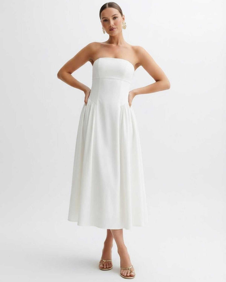 Anna | Midikleid Trägerlos Plissiert Rückenausschnitt