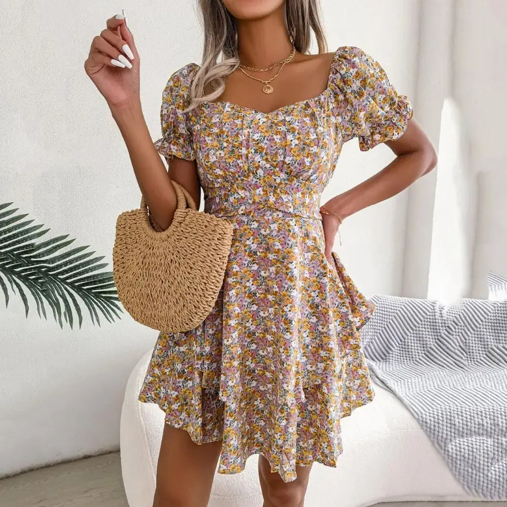 Flora | Minikleid Blumenprint Herzausschnitt Puffärmel